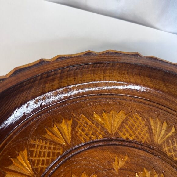 Hand Carved Decorative Wooden Shallow Bowl Bread Plate Folk Art Wall Decor - Picture 7 of 12